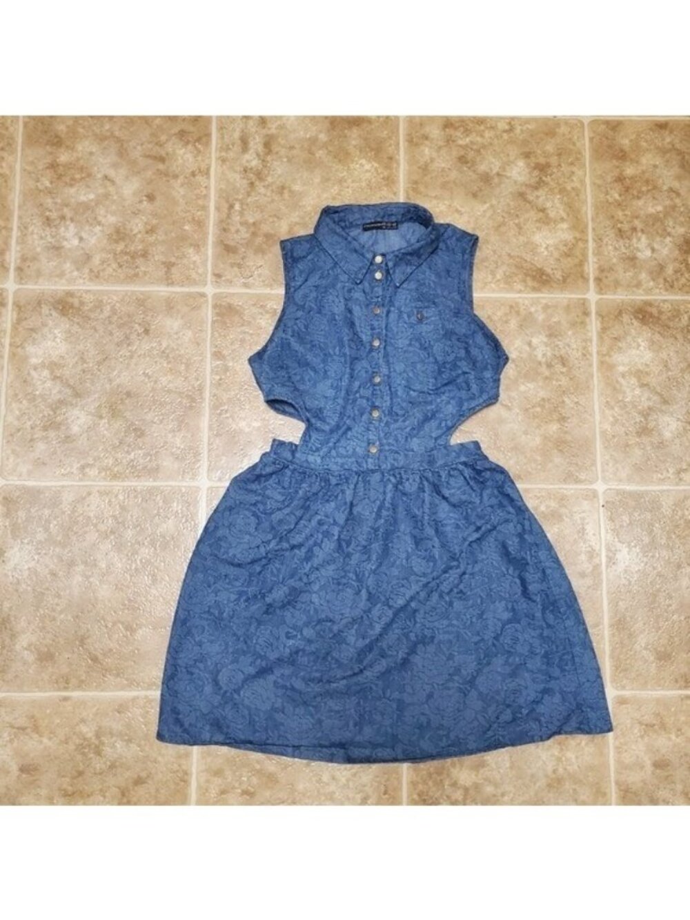 Floral Denim Dress Cut Out Sides Retro Boho Cowgirl